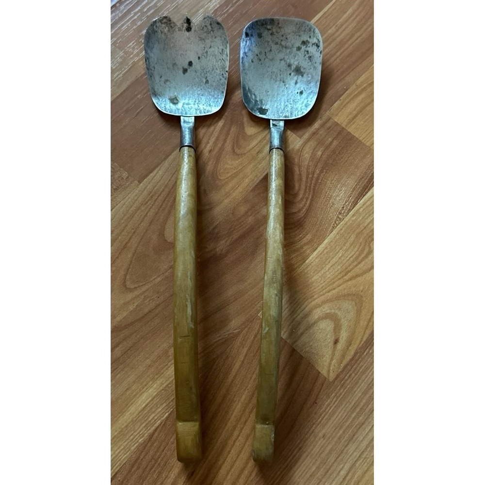 Silver Vintage Mid-Century salad servers, fork and a spoon.